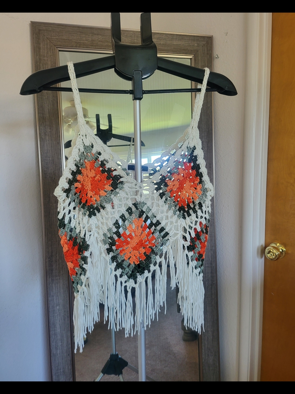 ViVid Crochet Fringe Tank Top in White, Orange & Dark Green